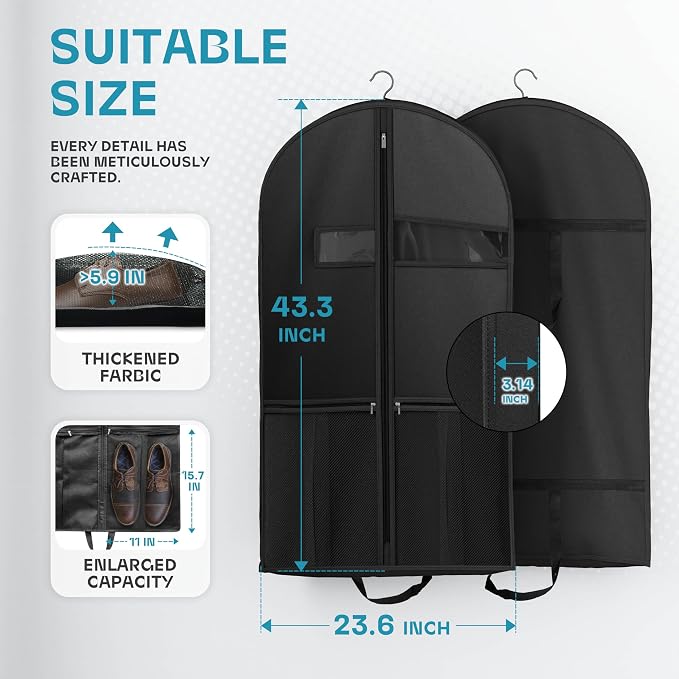 Lazebox 43" Travel Garment Bag with Accessories Zipper Pocket, Heavy Duty Suit Bag for Suits, Tuxedos, Dresses, Coats, Black, 3 packs - Image 3