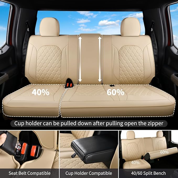 Huidasource F150 F250 F350 Front&Rear Leather Seat Covers Fit for 2015-2026 Ford F150 SuperCrew & 2017-2026 F250 F350 F450 Super Duty Crew Cab XL XLT Lariat King Ranch Platinum(Full Set/Beige) - Image 2