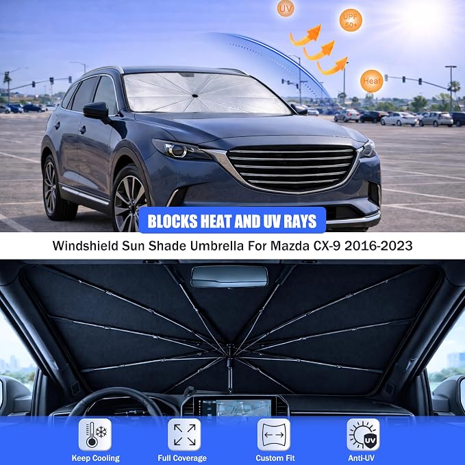 Car Windshield Sun Shade Umbrella for Mazda CX-9 2016-2023 | 2026 Upgraded,Custom-Fit Umbrella Sunshade,Easy Install,UV Protection & Heat Reflective,Keep Interior Cooler with Storage Bag - Image 3