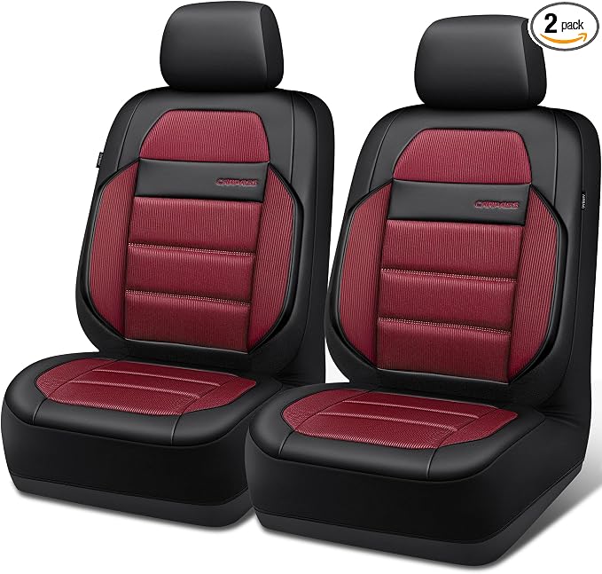 CAR PASS Memory Foam Seat Covers Front, Airy Cool Mesh Thick Car Seat Covers, Leather Car Seat Covers Front Seats Airbag Compatible, Universal Automotive Comfort for Most Cars, Trucks, SUV, Burgundy by CARPASS