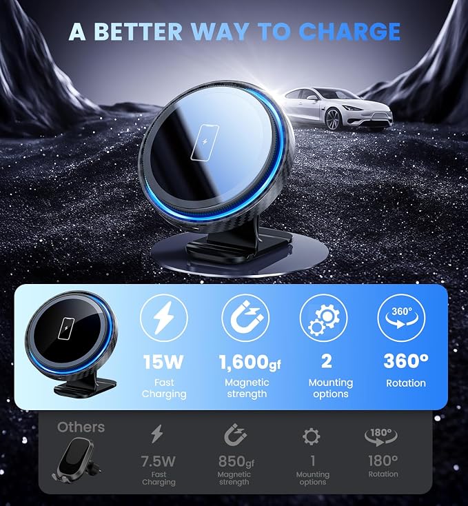 Magnetic Car Charger Mount 15W for iPhone 17-12 Pro Max | N52 Strong Magnets, 360° Rotation, Dashboard & Vent Mount, Compatible with Magnetic Cases, Gift for Men, Black - Image 3