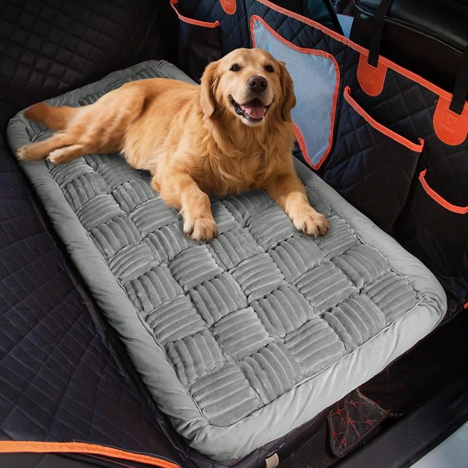 Soulbond Dog Bed for Car Back Seat Backseat Pet Bed Mat, Light Gray | Non-Slip Travel Pet Mat, Fuzzy Plaid Dog Seat Cover, Fit for Backseat Extenders and Trucks SUVs - Image 2