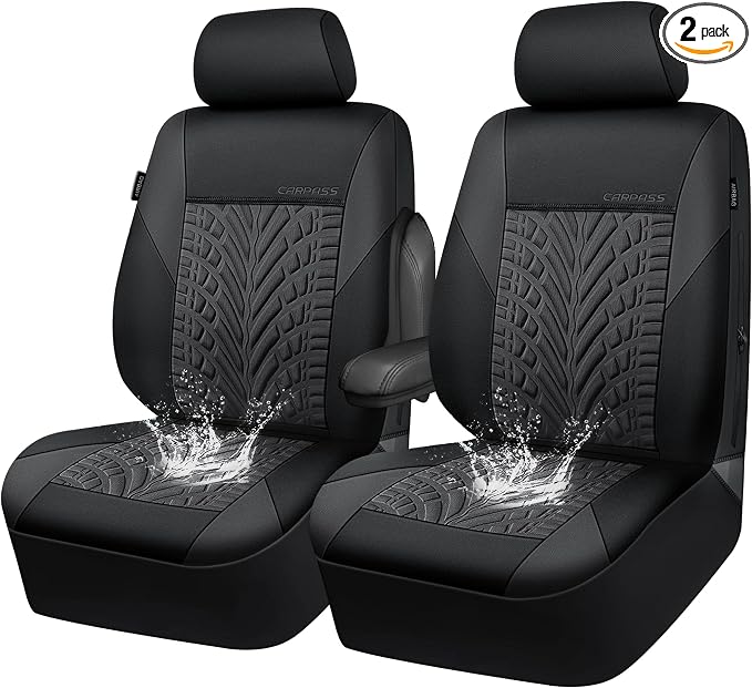 CAR PASS Neoprene Waterproof Seat Covers Two Front, Wetsuit Car Seat Covers 2pcs Universal Fit for Vans, Truck, SUV, 3D Tyre Embossed Seat Covers Anti Slip with Armrests, Aibag Compatible(Black Gray) by CARPASS