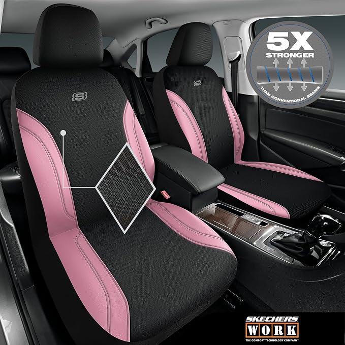 Skechers Work Seat Covers, Leather Car Seat Covers 5-Times Stronger Built-in Webbing, Oxford Fabric Seat Cover Full Sets, Airbag Compatible, Automotive Comfort for Cars, Trucks, SUVs,Pink - Image 2