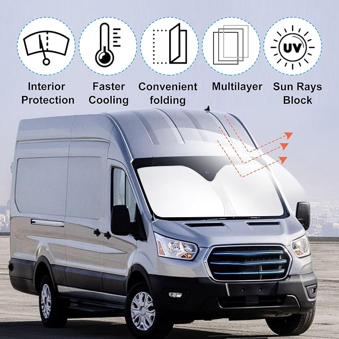 Windshield Sun Shade for 2022-2026 Ford E-Transit Accessories | Full covered for windshield, Foldable & Durable, Block UV Rays, Reduce Heat, Easy to install, Keep Car Cooler - Image 2