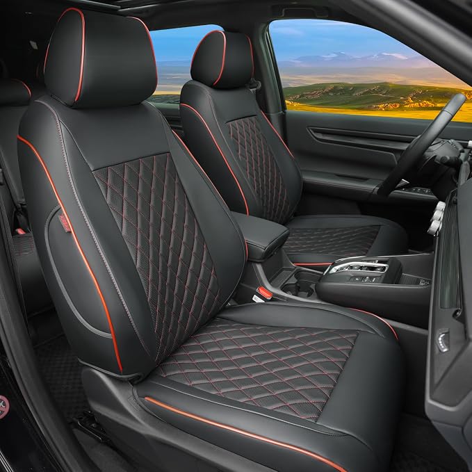 Lolcar CRV Seat Covers Custom Fit for Honda CRV 2023 2024 2025 2026 Leather Car Seat Cover Full Set for Trucks SUV,Waterproof Car Seat Cushion,Faux Leather (Black Red Grid) by LOLCAR