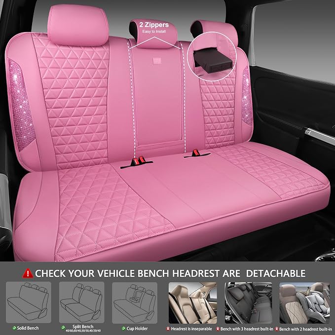 CAR PASS Bling Diamond Pink Leather Car Seat Covers Full Sets Interior Sets, Waterproof Shining Glitter Sparkly Crystal Universal Armrest Fit for Automotive Truck SUV Cute Women Girl, Pink Rhinestone - Image 4
