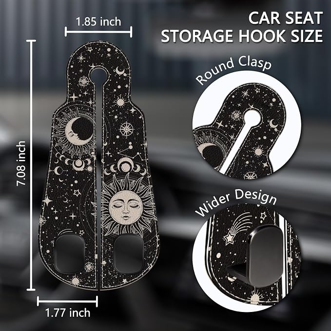 Blusabaca 2PCS Car Seat Headrest Hooks, Purses Bags Holder, Sun and Moon | PU Leather, Double Metal Back Storage Hangers for Grocery Bags Handbags Bottles Coats Phones, Car Accessories Organization - Image 5
