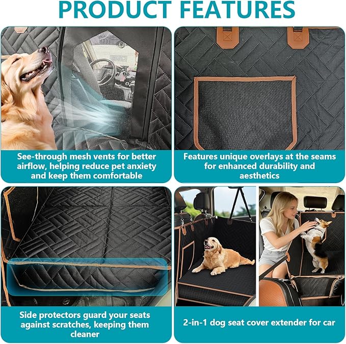 Convertible Dog Car Seat Cover for Back Seat Hard Bottom 400lb Waterproof | Full & Half Seat Dog Hammock,Built-in Seat Anchor Mesh Window,Heavy-duty Hard Bottom 400lb Capacity,Suitable for Most Car SUV - Image 2