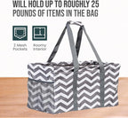 Extra Large Utility Tote Bag - Oversized Collapsible Reusable Wire Frame Rectangular Canvas Basket With Two Exterior Pockets For Beach, Pool, Laundry, Car Trunk, Storage - Chevron Gray - Image 5