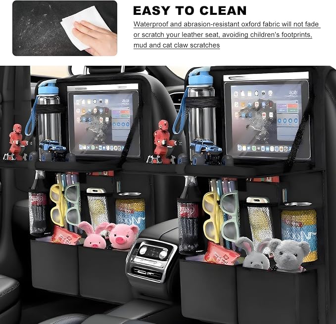 2 PCS Car Backseat Organizer with Tray, Waterproof Back Seat Protector with Touch Screen Tablet Holder, 11 Storage Pockets Anti-Scratch Kick Mat Universal for Family Road Trips - Image 5