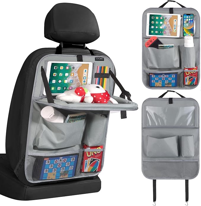 LUCMO Car Backseat Organizer with Foldable Tablet Holder, Grey | 6 Storage Pockets,Foldable Food Tray,Protectors Kick Mats,Travel Accessories,Seat Cover,Road Trip Essentials by LUCMO