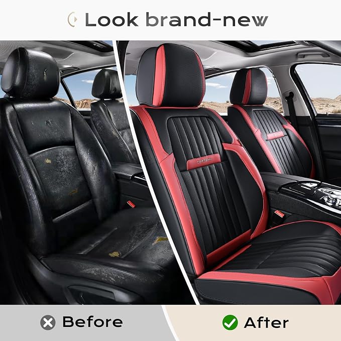 Coverado Car Seat Covers Front Seats, Seat Covers for Cars, Car Seat Protector, 2-Pack Car Seat Cushion Nappa Leather, Waterproof Seat Covers Carseat Cover Universal Fit for Most Cars(Red&Black) - Image 7