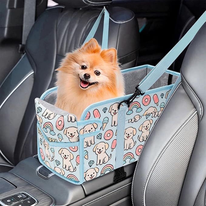 Console Dog Car Seat for Small Dogs, Foldable Booster Seat, Blue Puppy | Portable Booster Seat Sits On Car Console/ Armrest. Foldable for Easy Storage. for Center Console, Easy To Clean. by NECKORY