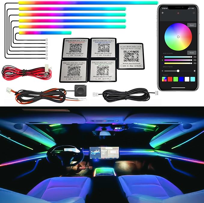 Dreamcolor Acrylic Interior Car LED Strip Light, RGB 6 in 1 Fiber Optic Ambient Lighting Kits, 16 Million Colors Sound Active Function Car Neon Lights with Wireless APP by UWDESY