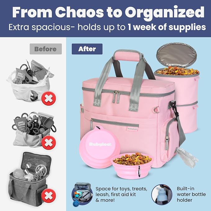 Rubyloo Original Doggy Bag™ Dog Travel Bag for Supplies with Travel Bowls | 2 BPA-Free Collapsible Bowls, 2 Pet Food Containers, TSA-Ready, Road Trips, Camping, Weekend Getaways, Doggy Gift, Lt. Pink - Image 5