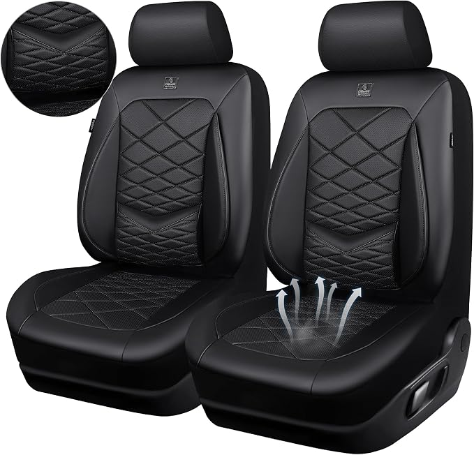 CAR PASS Luxury Nappa Leather Front Seat Covers, Waterproof 3D Foam Seat Covers with Lumbar Support, Breathable Auto Seat Cover Airbag Compatible Universal Fit for Sedan SUV Van Truck, All Black - Image 8
