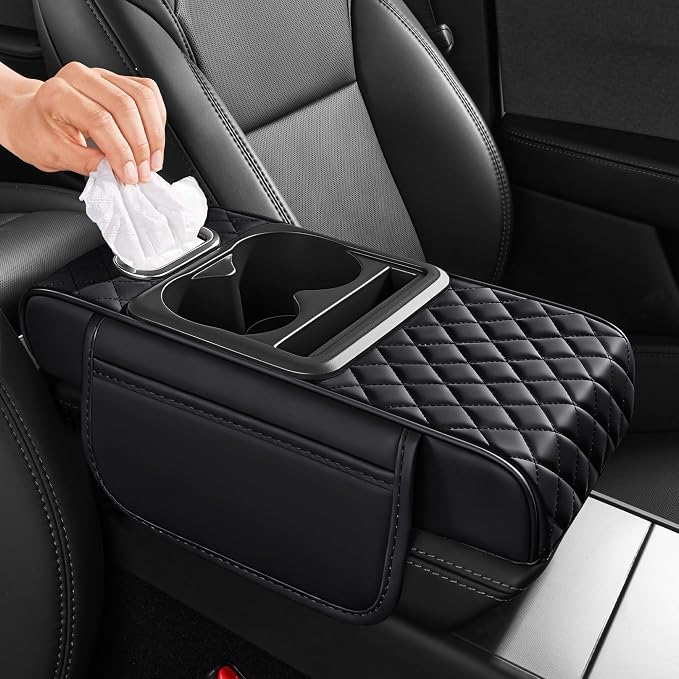 5 in 1 Nappa Leather Console Armrest Cover, Black | Built-in cup holder, tissue slot, phone holder & 2 storage pockets, practical car accessories fit SUV sedan truck by AuraSettle