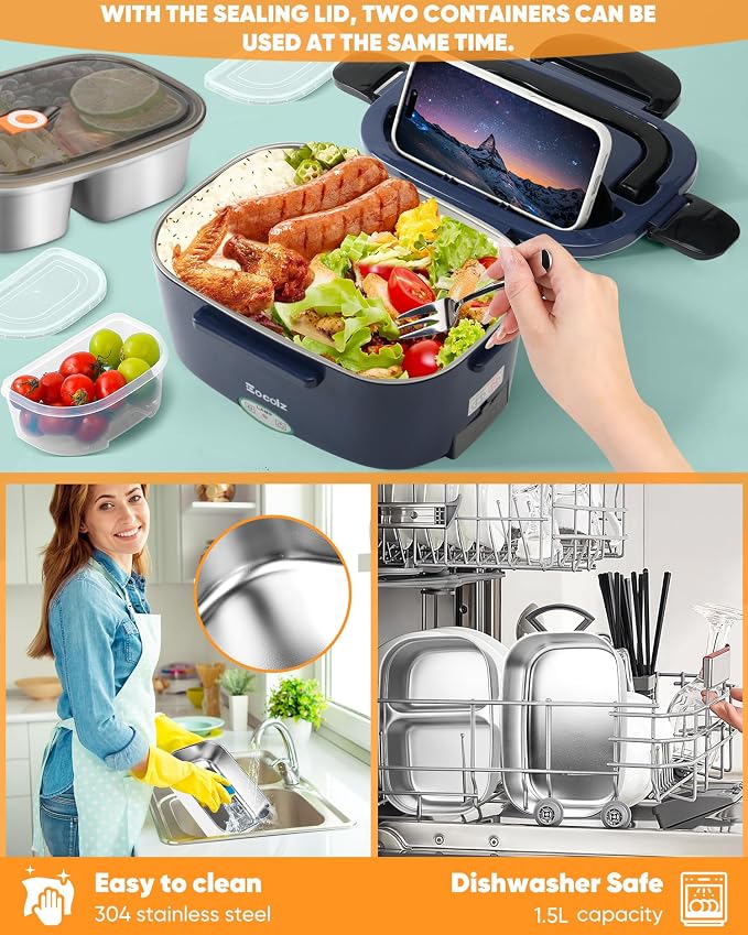 Electric Lunch Box Food Heater 80-100W, Food Warmer with Dual Container 1.5L Portable Heated Lunch Box for Car Truck Work Stainless Steel Fork & Spoon 12/24/110V for Adults Lonchera Eléctrica - Image 3