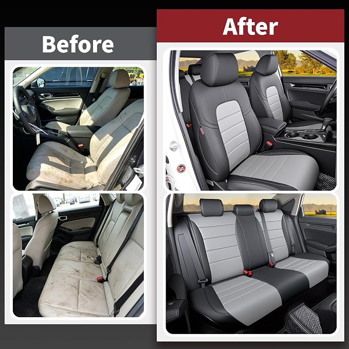 HKZ Custom Fit Civic Seat Cover Full Set for Honda Civic (Sedan 2022 2023 2024 Touring)&(Sedan 2025-2026 Sport Touring),5-Seats Full Set,Leather Seat Protector(Grey) - Image 6