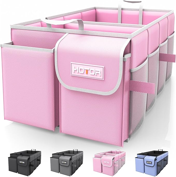 HOTOR Trunk Organizer - Foldable Car Organizer for SUVs & Sedans Storage | Sturdy Car Organization for Men & Women, Car Accessories, Tools, Sundries, Pink, 2 Compartments, 23.6" x 14.2" x 10.6" by HOTOR