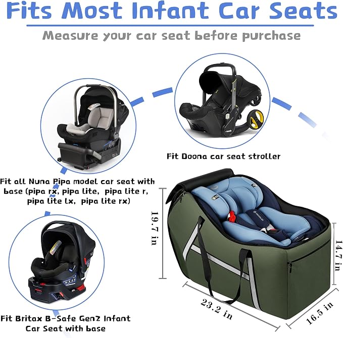Infant Car Seat Travel Bag for Airplane Compatible with All Nuna Pipa Car Seat and Base,Chicco KeyFit 30 and Base, Padded Car Seat Bags for Air Travel,Car Seat Gate Check Bag with Side Pocket, Green - Image 5