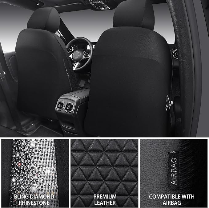 CAR PASS Bling Diamond Leather Car Seat Covers for 2 Front Interior Sets, Waterproof Shining Glitter Sparkly Crystal Universal Armrest Fit Automotive Truck SUV Cute Women Girl, Black Silver Rhinestone - Image 2