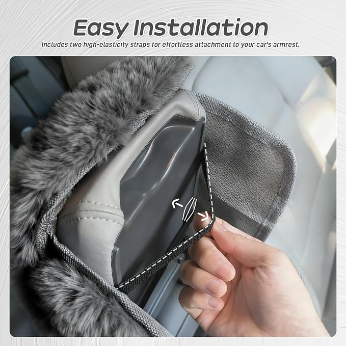Fluffy Car Armrest Cover with Side Pockets – Plush Fuzzy Fur Center Console Armrest Cushion Pad, Universal Winter Car Interior Protector, Soft Arm Rest Cover with Storage for Women & Men (GRAY) - Image 5