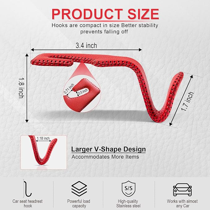 LivTee Red Superior Leather Car Seat Back Headrest Hook, Auto Seat Hook Hangers Interior Accessories for Purse Coats Umbrellas Grocery Bags Handbag, 2-Pack - Image 3
