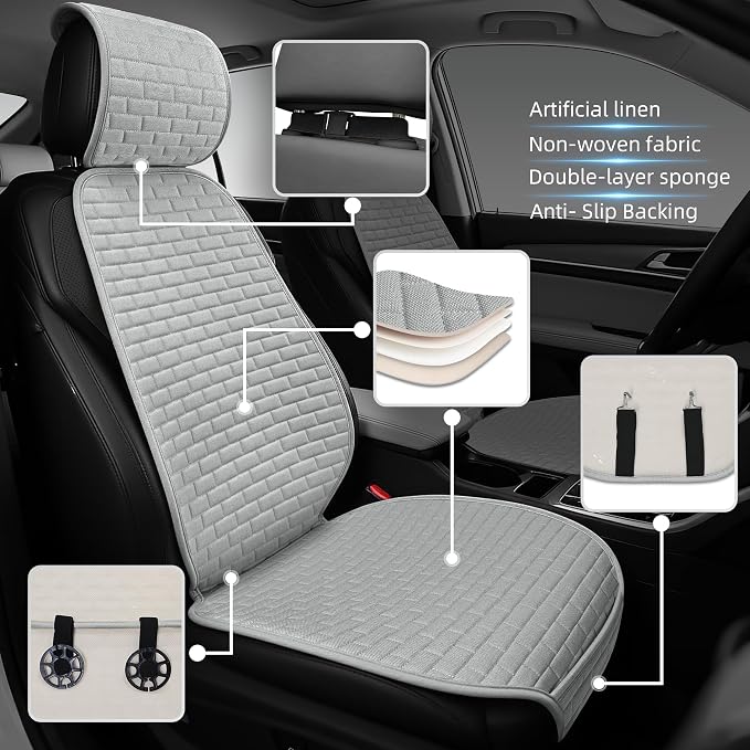 2Pcs Gray Linen Car Seat Covers Front Seats Covers for Car Van SUV Truck | Breathable Cloth Fabric Durable Non-Slip Car Seat Protector - Image 2