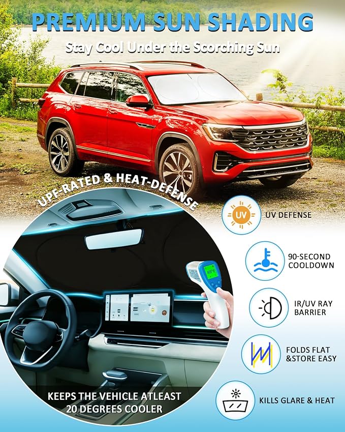 Sun Shade for Volkswagen Atlas 2018-2024 2025 2026 Windshield Sunshade | Custom Fit VW Atlas Cross Sport Accessories Front Window Shield Windshield Cover Sun Visor Protector - Image 2