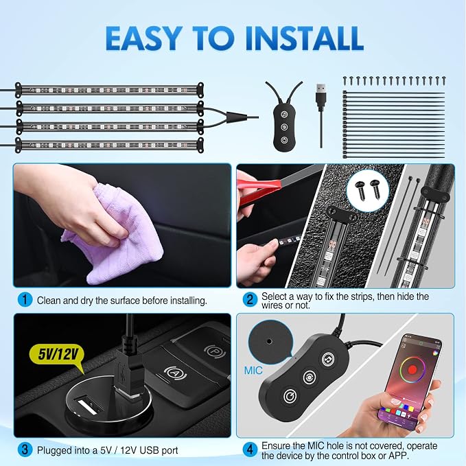 Nilight 4PCS USB Car Interior Lights RGB App and Button Control | 5V DC Multi Color Music Car Neon Accent Light Strips Under Dash Lighting Kit with Sound Active Function - Image 5