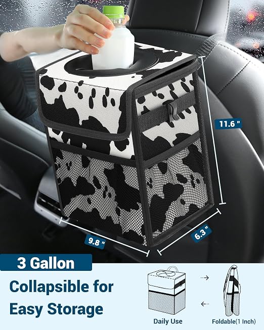 Capolo Car Trash Can with Lid, Leakproof Car Garbage Can Car Trash Bag | Waterproof, Trash Can for Car, 3 Mesh Pockets, Mini Hanging Vehicle Car Trash Bin, for Back/Front Seat (Cow Print,3 Gal) - Image 2