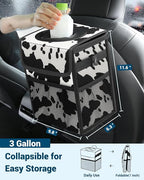 Capolo Car Trash Can with Lid, Leakproof Car Garbage Can Car Trash Bag | Waterproof, Trash Can for Car, 3 Mesh Pockets, Mini Hanging Vehicle Car Trash Bin, for Back/Front Seat (Cow Print,3 Gal) - Image 2