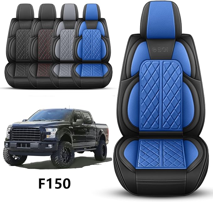 Car Seat Cover Custom Fit for Ford F150 2009-2026 Faux Leather Seat Cover Set Compatible with Regular Cab Super Cab Super Crew Pickup Truck Cushions (Black & Blue, Front Seat) - Image 2