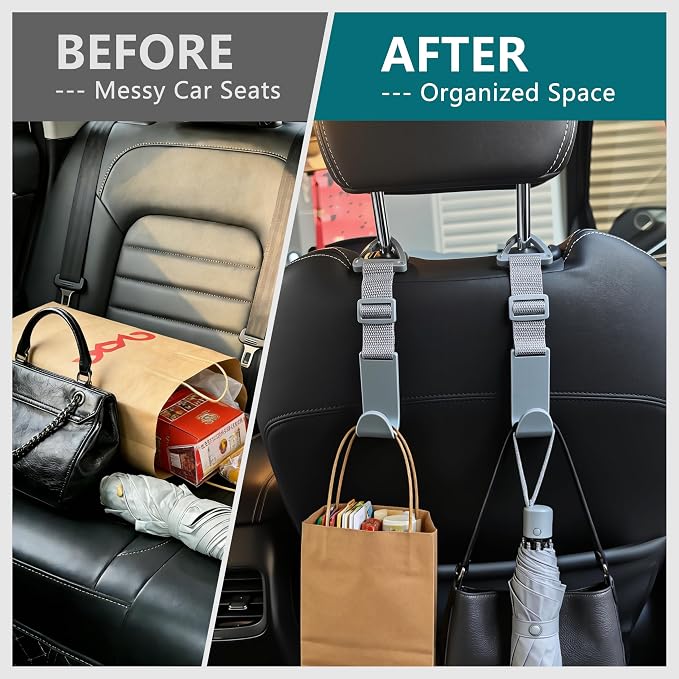 Amooca 4 Pack Anti-drop Headrest Hooks Adjustable Car Seat Organizer | Universal Fit with Clip, Hanger for Backpack Umbrella Water Bottle Coat Purses Handbags Groceries, 40lb Heavy Duty, Gray - Image 4