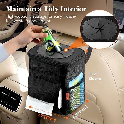 Lifewit Car Trash Can with Lid, Garbage Bag Hanging, Trash Bin, 2 Gallon | Leakproof, Waterproof, Tissue Holder, Adjustable Straps, Magnetic Snaps, Automotive Interior Accessories, Black - Image 2