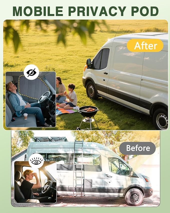 Van Window Covers Fit for Ford Transit High/Medium Roof 2015-2025 | 150 250 350, Blackout Privacy & Thermal Insulation Magnetic Van Front Door Side Window Shades, Gray (Pair) - Image 2