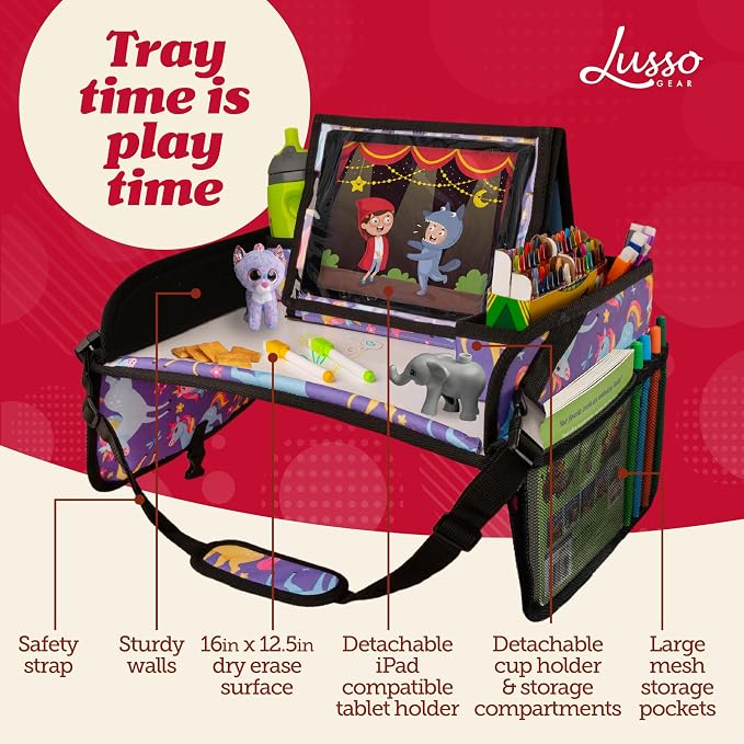 Lusso Gear Kids Travel Tray for Car - Road Trip Essentials for Kids - Car Seat Tray for Toddlers & Kids - for Airplane, Kids Travel Desk, Road Trip Activities (Purple Unicorns) - Image 2