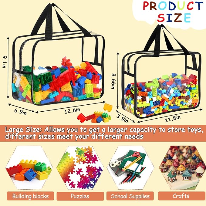6 Large Toy Storage Bags with Labels Reusable Clear Toy Organizer 3L & 3XL | PVC Waterproof Transparent Organizer Bags with Zipper for Building Blocks, Puzzle, Board Games Travel Storage, Save space - Image 2