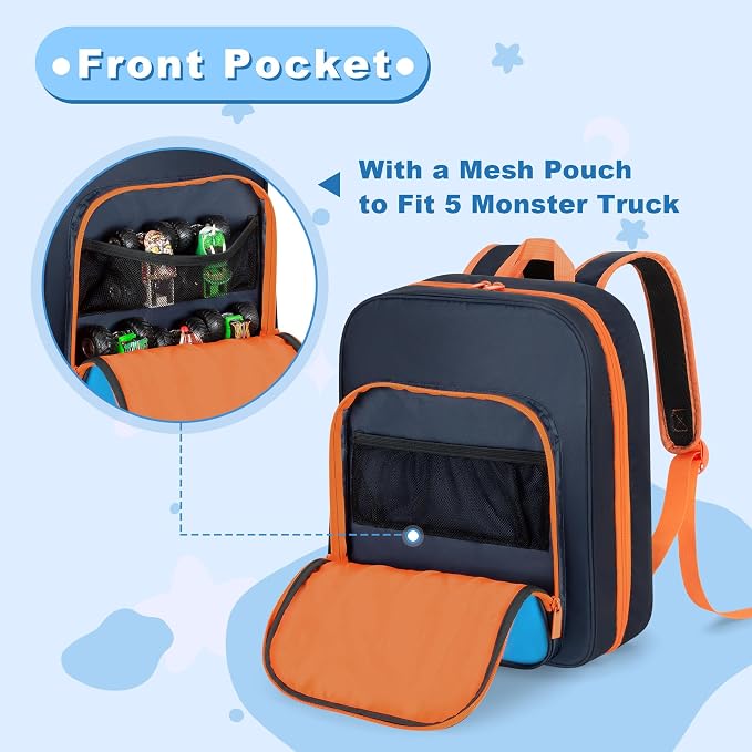 CURMIO Toy Cars Backpack Compatible with Monster Jam Trucks Up to 37pcs | Truck Carrying Case for 1:64 Scale Toy Cars, with 8 Transparent Pockets and Front Pocket, Home Use & Travel, Empty Bag - Image 3