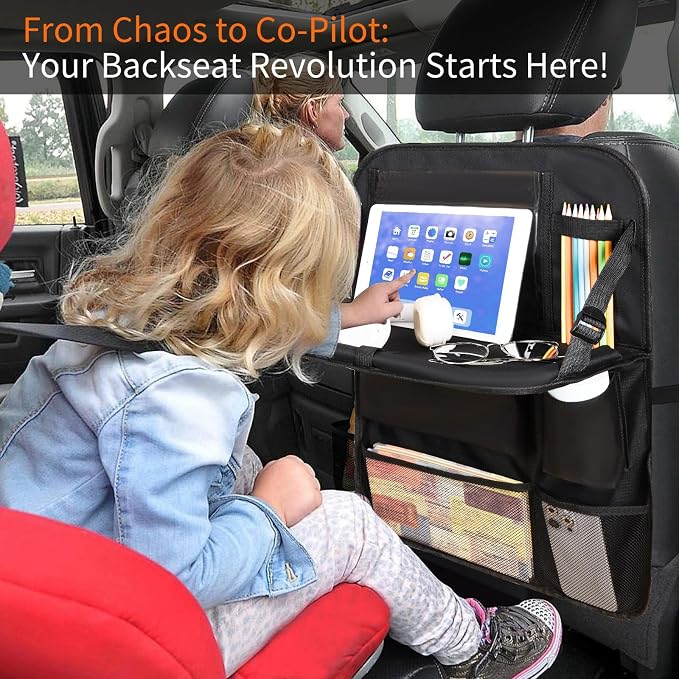 2 Pack Car Backseat Organizer with Foldable Table Tray, 16 Storage Zones Kick Mats Protector Tablet Holder for Family Travel (Black) - Image 8