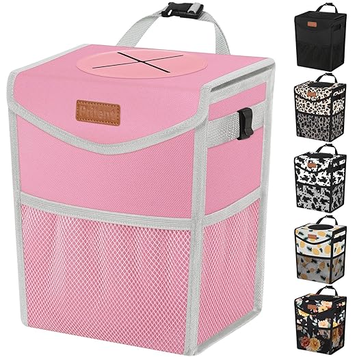 Pritent Car Trash Can with Lid Leakproof Car Garbage Bag Vehicle Trash Bin | Hanging Automotive Garbage Can,Multipurpose Car Accessories for Women Men Interior Car Storage Organizer(2.8 Gal,Pink) by Pritent