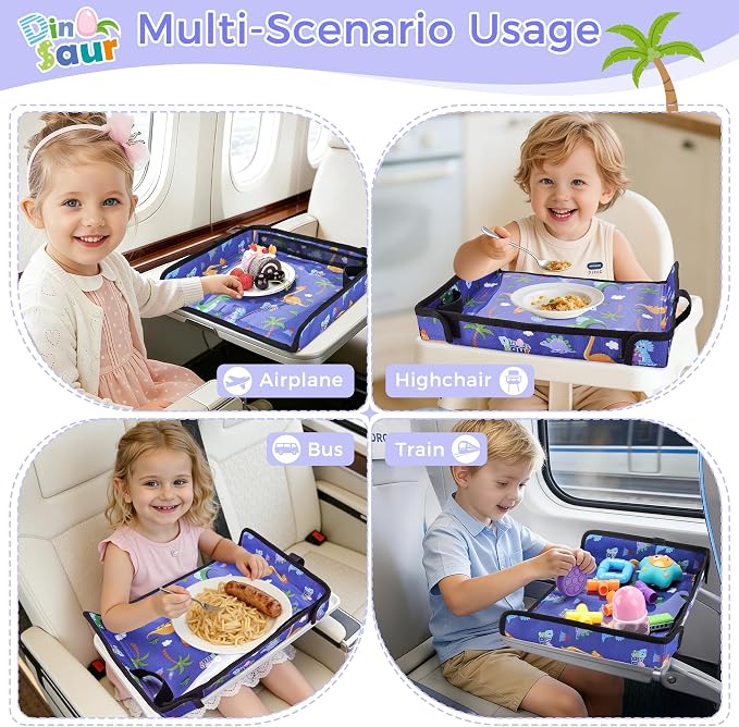 COOLBEBE Airplane Tray Table Cover, Foldable Travel Tray Cover | for Toddlers 1-3, Universal Fit for Airplane, Car Seat, High Chair, Machine Washable, Portable, Blue Dinosaur - Image 2