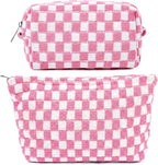 SOIDRAM 2 Pieces Makeup Bag Large Checkered Cosmetic Bag Capacity Canvas Mix Travel Toiletry Bag Organizer Cute Makeup Brushes Aesthetic Accessories Storage Bag for Women, Pink checkered by SOIDRAM