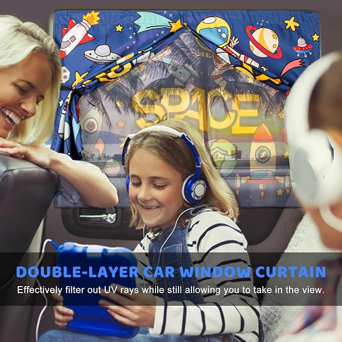 Car Sun Shade Side Window, 2pcs Magnetic Double Layer Car Window Shades for Privacy Full Covers/Half Shade Options Cute Space Pattern Side Window Curtains for Kids - Image 3
