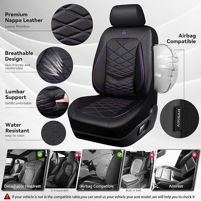 CAR PASS Luxury Nappa Leather Front Seat Covers, Water Resistant 3D Foam Seat Covers with Lumbar Support, Breathable Auto Seat Cover Airbag Compatible Universal Fit Sedan SUV Van Truck, Black Purple - Image 4