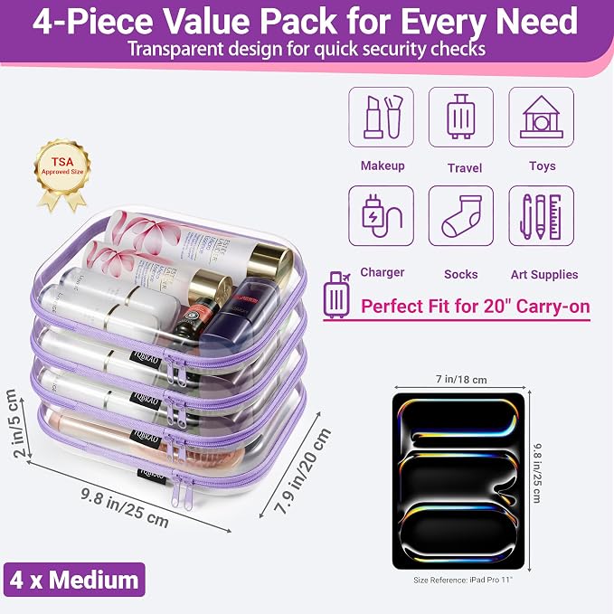 YQBRAO Clear Hard Shell Zipper Cases, 4 Medium Makeup Organizers, Purple | Rigid 1.2 mm PET and YKK dual zippers for skincare, toiletries, chargers, notebooks and daily essentials - Image 4