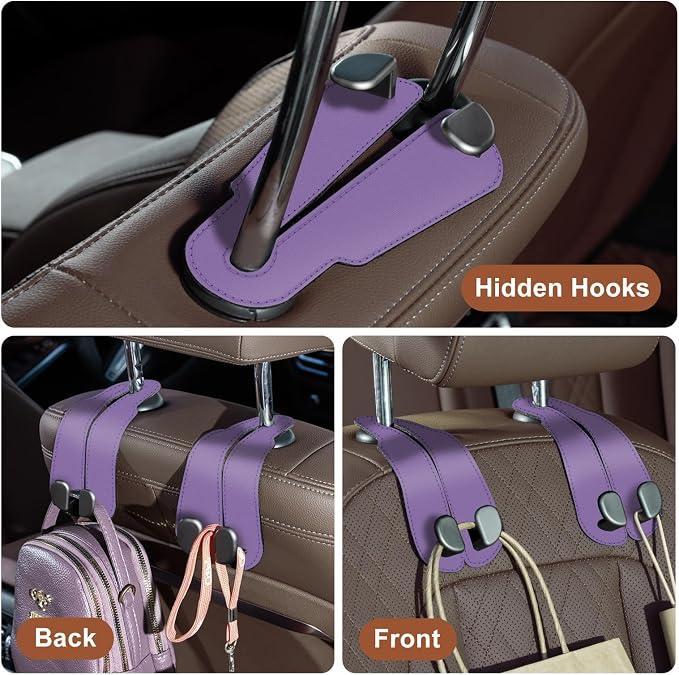CoBak Purse Hook for Car - Universal Premium Stitched Leather and Aluminum-Magnesium Alloy Double Car Seat Back Storage Hook for Purses, Handbags, Bags (2 Pack),Amethyst Purple - Image 6