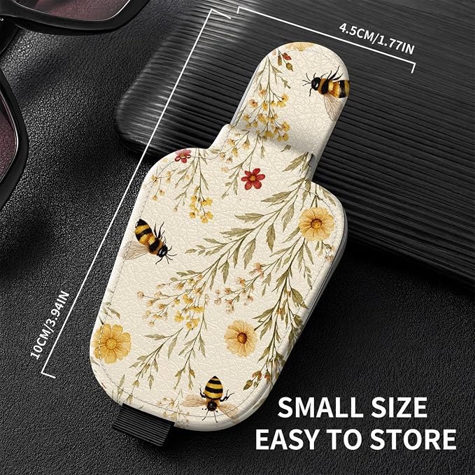 Sunglasses Holder for Car Visor, PU Leather Glasses Clip Organizer, Cute Magnetic Eyeglass Holder for Vehicle Sun Visor, Car Interior Accessory for Women & Men, Bee Flowers - Image 3